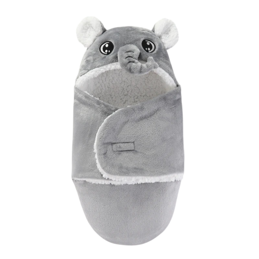 Saco de dormir Unisex para crianças com motivo de elefante cinzento, poliéster, fleece e flanela para conforto de duas camadas, fecho de velcro
