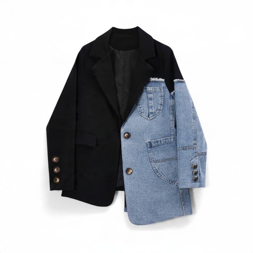 Saco de mujer Patchwork con denim Corte asimétrico Solapas Cierre de botones Forro Poliéster y algodón Negro y azul Para la ciudad
