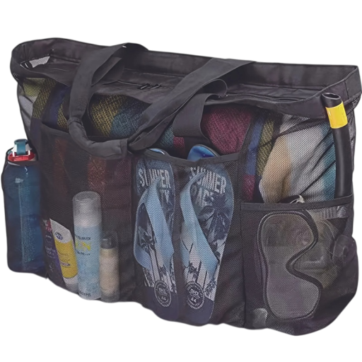 Saco de praia em rede 60x45x22 cm Saco extra grande em nylon Saco de transporte respirável com fecho e bolsos Saco de armazenamento de grande capacidade