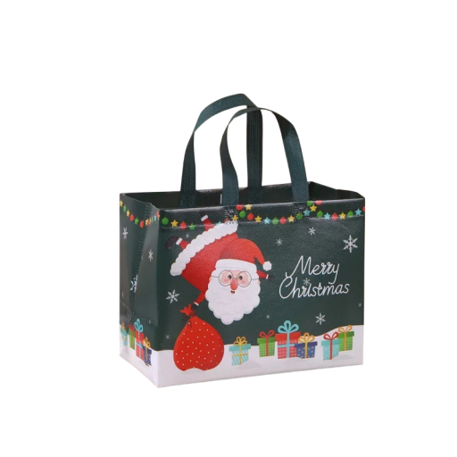 Saco de presente natalício verde escuro com motivo do Pai Natal e enfeites de Natal em tecido não tecido Saco ecológico reutilizável