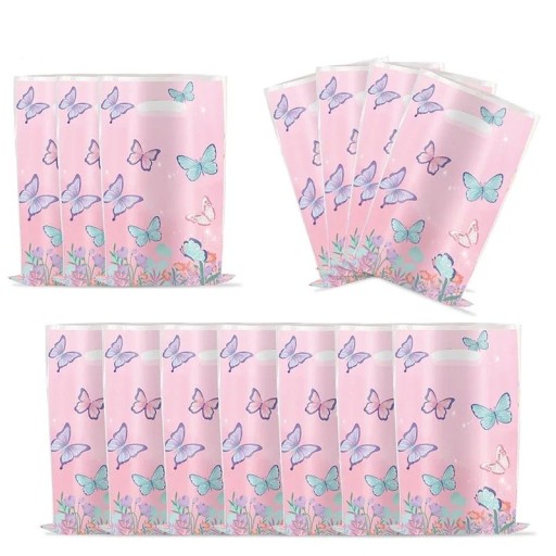 Saco de presente plástico com padrão de borboletas, conjunto de 10 unidades, sacos plásticos rosa com recorte para segurar, para pequenos presentes e festas