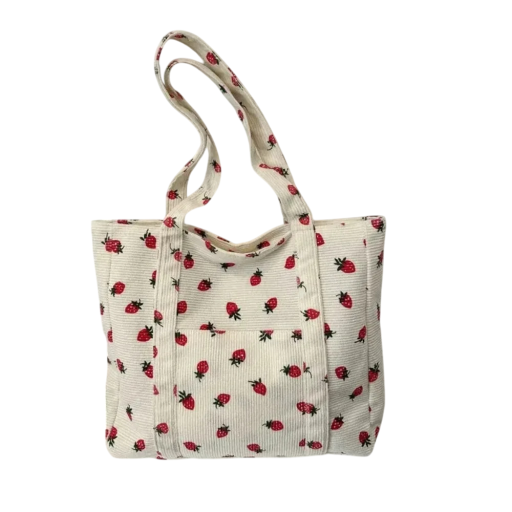 Saco de senhora em tecido com padrão de morangos Saco de moda espaçoso em veludo cotelê Bolsa elegante para compras e para a praia