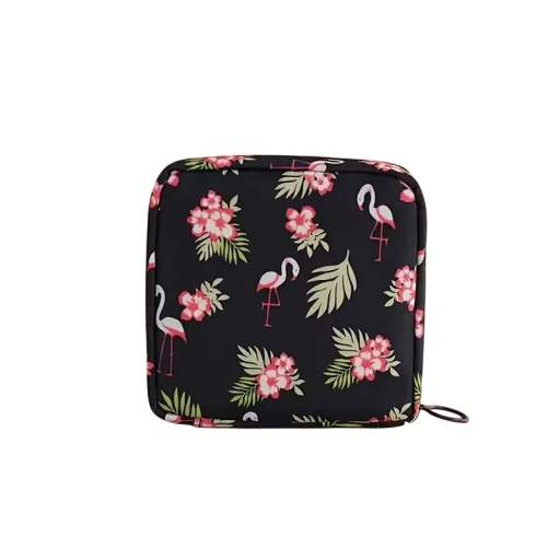 Saco para pensos higiénicos e tampões femininos 12 x 12 x 4 cm Saco de armazenamento à prova de água com fecho de correr Estojo preto em tecido com padrão de flamingos