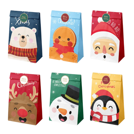 Sacos de presente de Natal 24 pcs 22 x 12 x 8 cm Sacos de papel retro com motivos natalícios Autocolantes 6 tipos com 4 unidades cada