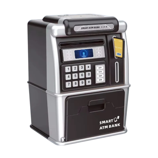 Săculeț electronic pentru copii în formă de bancomat cu inserție de bancnote, monede, card de plată și parolă ajustabilă pentru copii