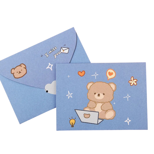 Sada 10 ks modrých dopisných obálok s papierom 9,6 × 7,2 cm s motívom medvedíka s notebookom