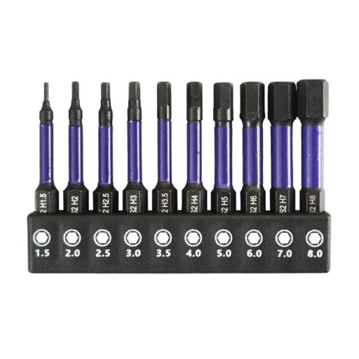 Sada 10 ks šestihranných bitů H1.5 až H8 s hliníkovým držákem včetně rozměrů 1.5 mm až 8.0 mm pro přesné a náročné montážní práce