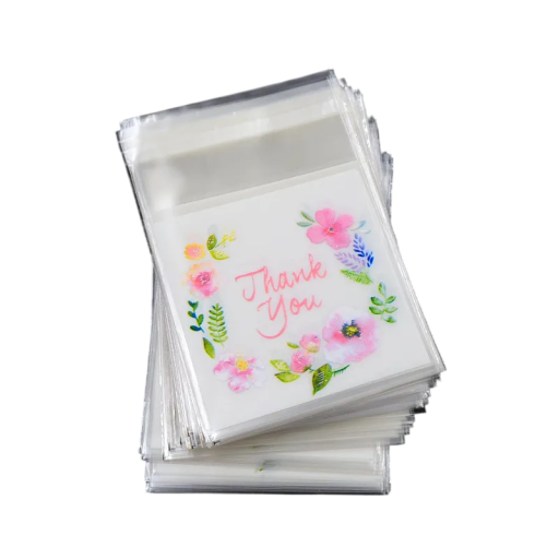 Sada 100 ks průhledných dárkových sáčků 7×7 cm s květinovým potiskem „Thank You“, samolepicí balení na drobnosti