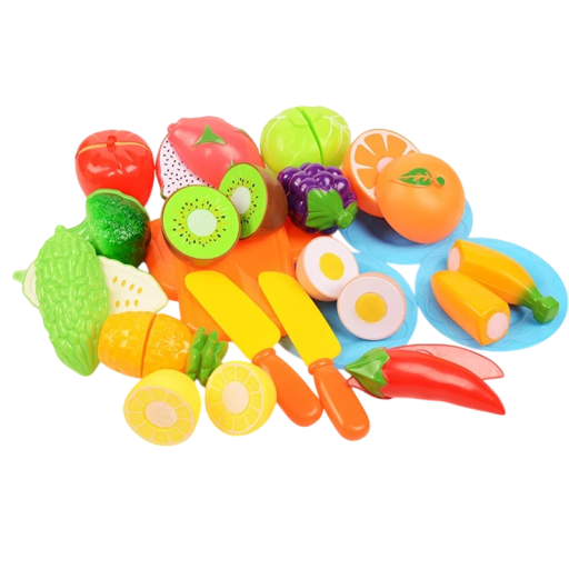 Sada 20 kuchyňských hraček pro děti s ovocem, zeleninou, dalšími potravinami, 2 noži a 3 talíři