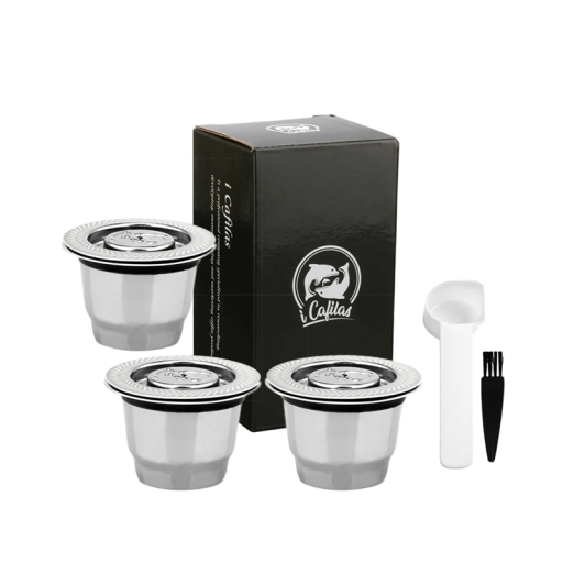 Sada 3 ks nerezových opakovane použitelných kapslí na mletú kávu pre Nespresso kávovar s plastovou lyžičkou a čistiacim kefkou