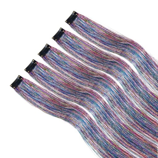 Sada 5 ks třpytivé pramínky do vlasů lamety 50 cm syntetické prodloužení vlasů klipové uchycení pro styling účesu