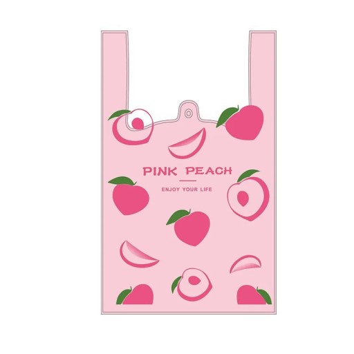 Sada 50 ks plastových tašek 36×20 cm potištěné tašky s motivem broskví růžová na balení dárků a drobností