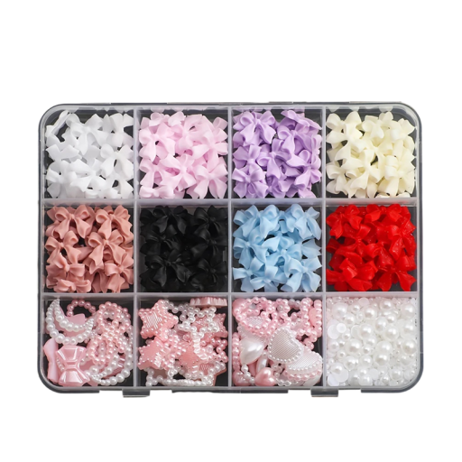 Sada 500 ks dekorací na nehty 3D pryskyřičné mašle perličky barevný mix tvarů nail art DIY ozdoby manikúra profesionální i domácí použití