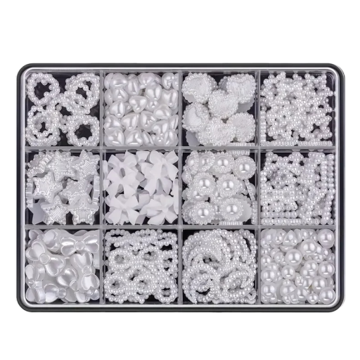 Sada 500 ks dekorací na nehty 3D pryskyřičné mašle perličky s plochým zadním okrajem hvězdičky srdíčka nail art DIY ozdoby manikúra plast