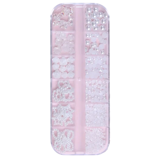Sada 500 ks dekorací na nehty 3D pryskyřičné mašle perličky s plochým zadním okrajem mix ozdobných tvarů nail art DIY manikúra plast