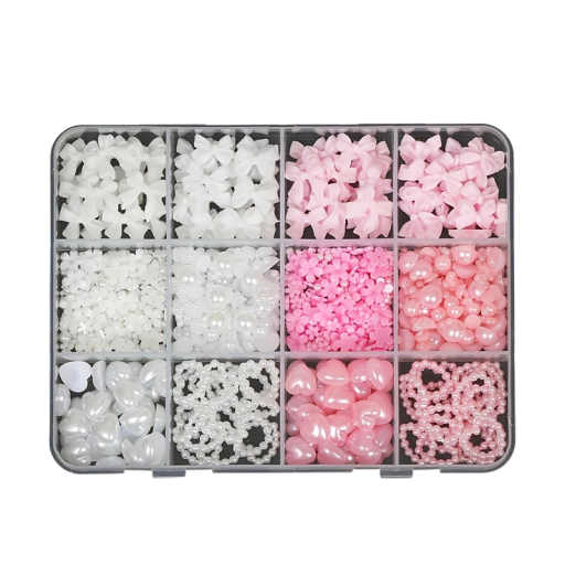 Sada 500 ks dekorací na nehty 3D pryskyřičné mašle perličky s plochým zadním okrajem srdíčka a mix tvarů nail art DIY ozdoby manikúra plast