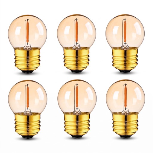 Sada 6 ks kulatých LED žárovek E27 Stmívatelné s LED vláknem 1 W 220 V Jantarové sklo a zlatá patice Teplá bílá 2200 K Do lamp a svítidel