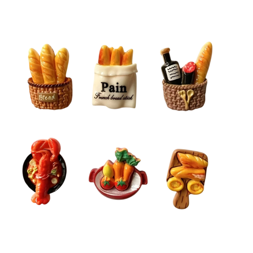 Sada 6 ks magnetky 3D 2–3,5 cm pryskyřice francouzská jídla dekorativní magnety na lednici a kovové povrchy