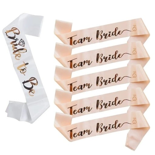 Sada 6 ks svatebních šerp Team Bride + Bride To Be Bílá a růžovo-zlatá Satén