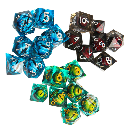 Sada 7 ks hracích kociek s motívom oka Mnohostenné fantasy kocky pre Dračí doupě RPG stolné hry