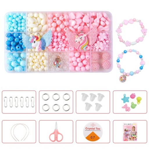Sada akrylových korálků 15 druhů Barevné korálky s jednorožci a příslušenstvím Tvoření dětských náramků a náhrdelníků Různé tvary a velikosti