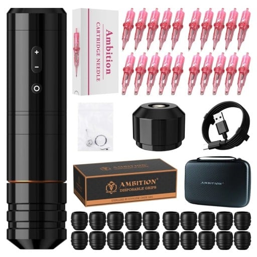 Sada bezdrôtového tetovacieho pera Ambition Ninja Nova čierne s ihlami a návlekmi bezkartáčový motor zdvih 4,0 mm 2000 mAh