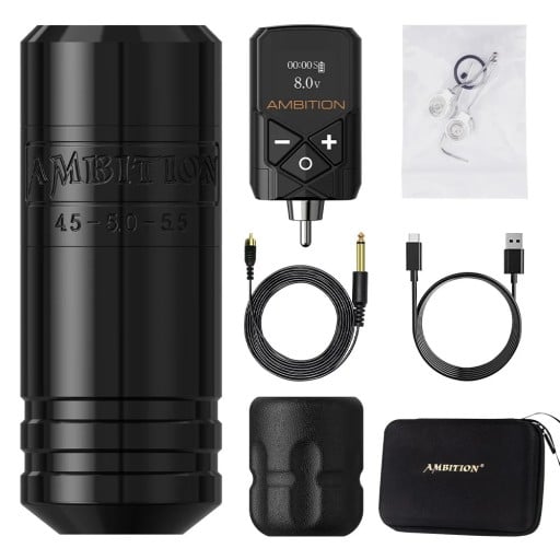 Sada bezdrôtového tetovacieho pera Ambition Torped-36 v čiernom prevedení bezkartáčový motor nastaviteľný zdvih 4,5-5,5 mm 2400 mAh