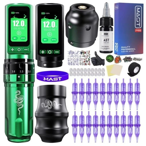 Sada bezdrôtového tetovacieho pera Dragonhawk Fold Pro zeleno-čierne s motorom MCORE-C3 nastaviteľný zdvih 2,4-4,2 mm 3000 mAh
