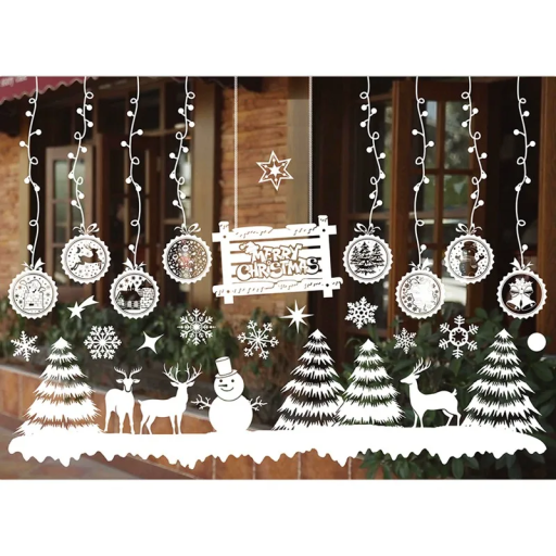 Sada bielych vianočných samolepiek na okno 55 x 75 cm PVC ozdoby s vločkami, snehuliakom a jeleňmi Zasnežené dekorácie pre zimnú výzdobu