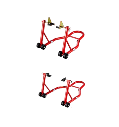 Sada di supporti per motocicli anteriore e posteriore portata 385 kg dimensioni 770 x 540 x 350 mm e 680 x 450 x 350 mm rossi per assistenza