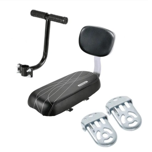 Sada dla pasażera na rower siedzenie z oparciem 27 x 17,5 cm uchwyt 20 cm podnóżki 5 x 9 cm czarna montaż na tylny bagażnik