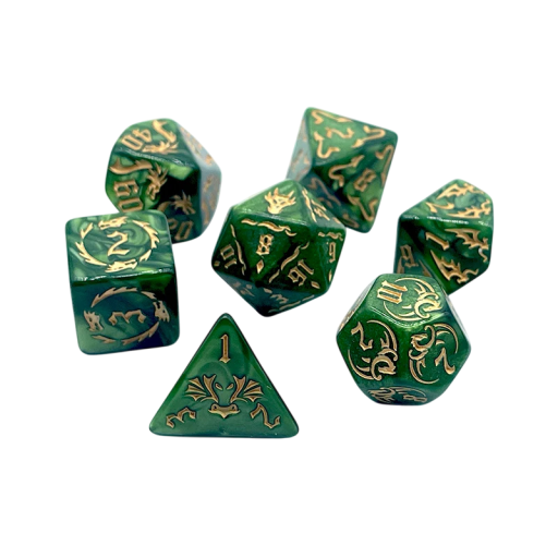 Sada hracích kociek 7 ks zelené so zlatým drakom RPG Dračí doupě fantasy mnohostenné kocky pre stolné hry