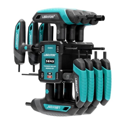 Sada imbusových klíčů LIBRATON 14 ks T-rukojeť metrické a SAE dvoubodové černo zelená se stojanem pro opravy kol a aut