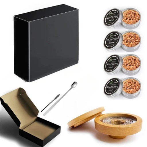 Sada infuzér na kouř na whisky dřevěný + 4 druhy štěpek kartáček a lžička pro aromatizaci nápojů ve sklenici