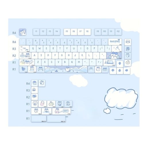 Sada krytek na klávesy cartoon motiv 95 ks PBT MOA profil světle modrá bílá keycaps pro mechanickou klávesnici herní i kancelářskou