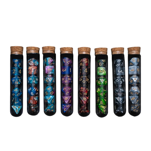 Sada mnohostenných hracích kociek 7 ks v fľaštičke na lektvary Fantasy kocky pre Dračí doupě RPG stolné hry
