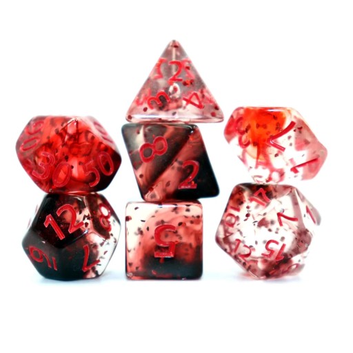 Sada mnohostenných kociek 7 ks Upírska téma Fantasy RPG červené priehľadné kocky pre Dračí doupě stolné a spoločenské hry