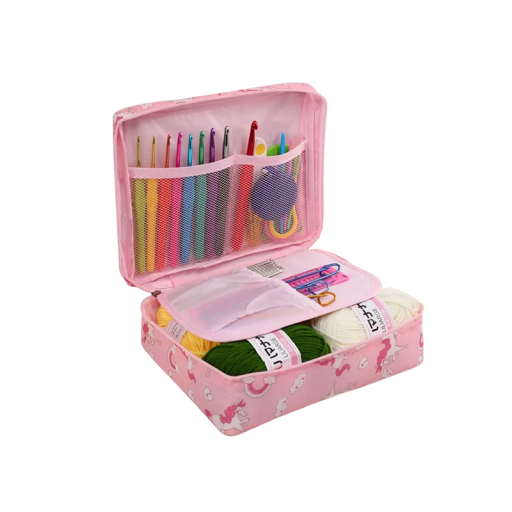 Sada na háčkovanie 5 priadzí náhodných farieb 21 háčkovacích ihlíc špendlíky ihly meter nožnice kalibr puzdro jednorožec DIY pletenie