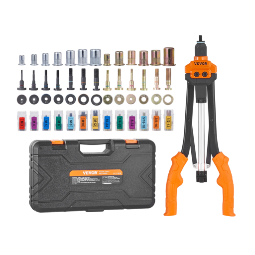 Sada nýtovacích matic poloautomatická s pákovým lisom 16" 186 ks oceľ čierno oranžová s výmennými trnmi pre montáž nýtov