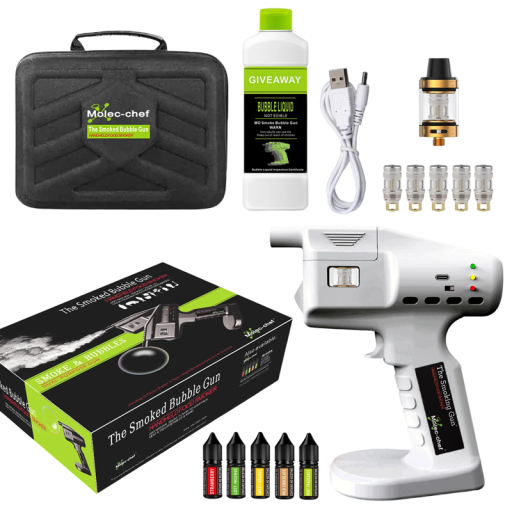 Sada pistole na bubliny pro koktejly s 300 ml náplní 5 příchutí 10 ml USB nabíjení kufřík pro tvorbu kouřových bublin