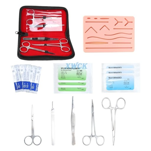 Sada pro nácvik chirurgického šití kůže 17 ks s nástroji a silikonovou podložkou 18,7x11,7x1,1 cm výuková pomůcka pro studenty medicíny