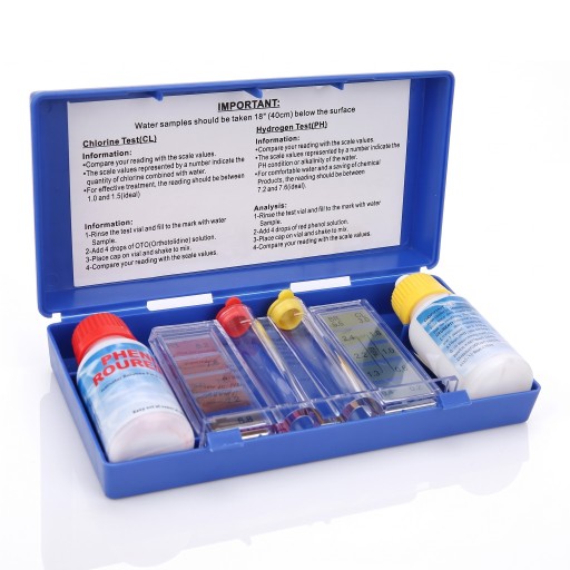 Sada pro testování pH a chloru ve vodě, kapkový tester s kolorimetrem, krabička 15 cm, modrá, pro bazén, vířivku a pitnou vodu
