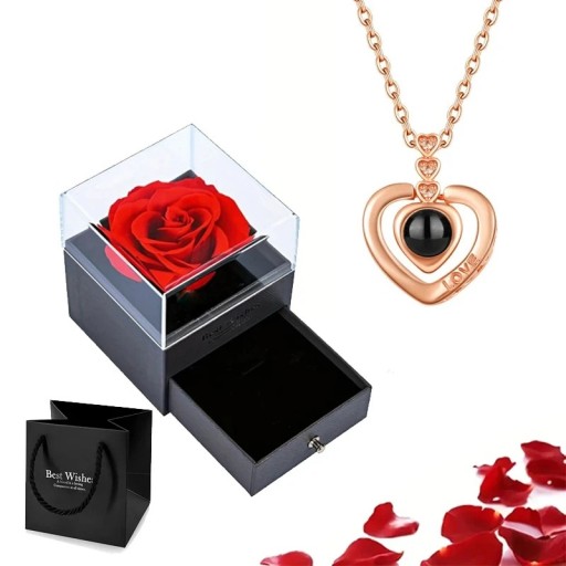 Sada projekčního náhrdelníku s projekcí Miluji tě ve 100 jazycích Krabička s růží Titanový řetízek Měděný přívěsek
