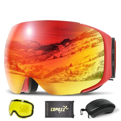 Sada s lyžařskými brýlemi, vyměnitelnou žlutou čočkou, látkovým obalem a pouzdrem na brýle Zrcadlové brýle na lyže a snowboard s filtrem UV400 23 x 9,5 cm