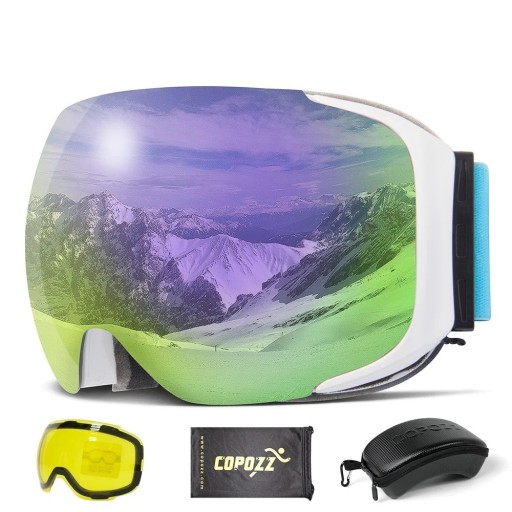Sada s lyžařskými brýlemi, vyměnitelnou žlutou čočkou, látkovým obalem a pouzdrem na brýle Zrcadlové brýle na lyže a snowboard s filtrem UV400 23 x 9,5 cm