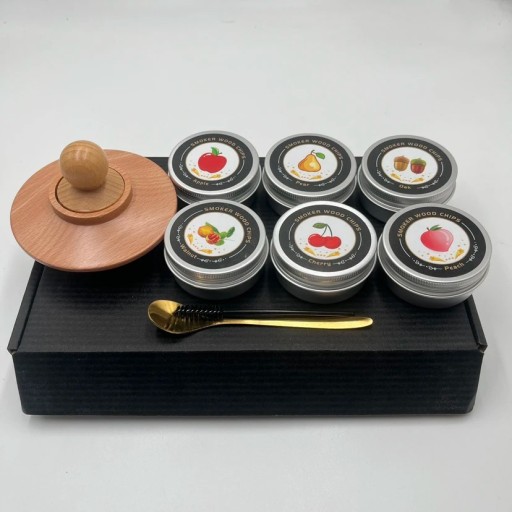 Sada smoker kit na whisky dřevěný + 6 štěpek s příchutí lžička světlé dřevo pro aromatizaci nápojů ve sklenici