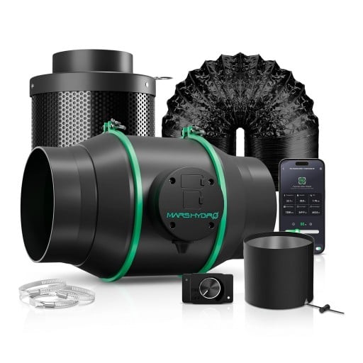 Sada ventilátora s uhlíkovým filtrom a potrubím, regulácia otáčok, 100 mm (4"), 205 CFM, EC motor, čierna, pre pestovateľský stan a rastliny