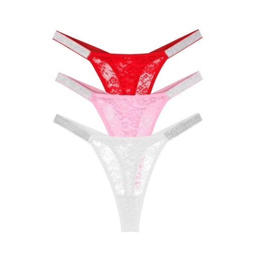 Sæt 3 stk damespidsede trusser i blonder med blomsterdesign og glitrende bånd sexy undertøj til daglig brug i rød, pink og hvid