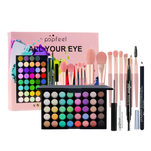 Sæt af dekorativ kosmetik til øjenmakeup med øjenskyggepalette, pensler, vandfast mascara, øjenbrynspencil og eyeliner, gave til kvinder