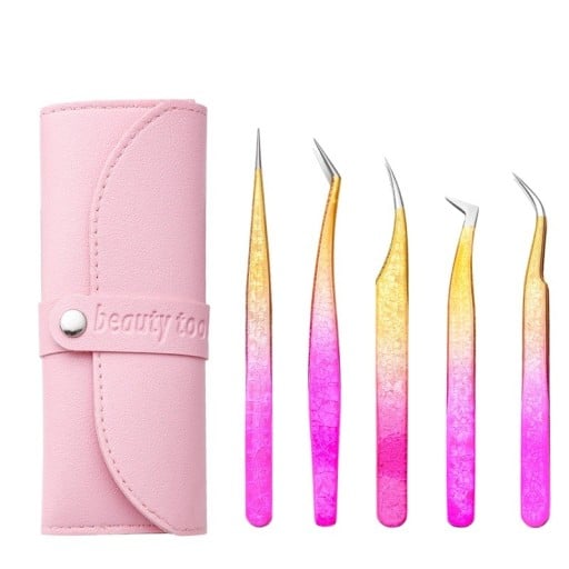 Sæt af pincetter til vipseforlængelse 5 stk Både buede og lige spidser Længde 11,3 til 13,6 cm Rustfrit stål Rosa-guld Etui til kosmetikere